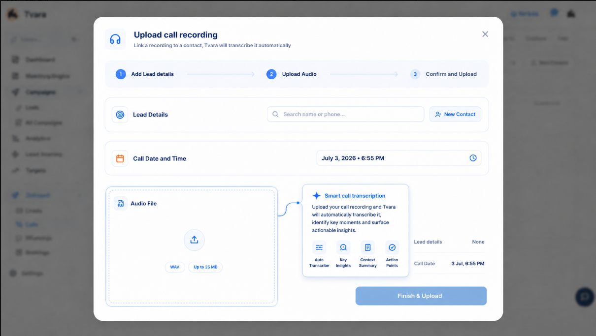 Signal interface for uploading and analysing an existing call